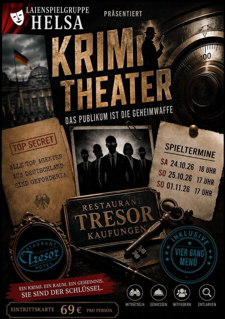 Krimi Theater im Tresor Kaufungen, Spieltermine: 24.10.26 um 18 uhr, 25.10. um 17 Uhr, 1.11. um 17 Uhr
